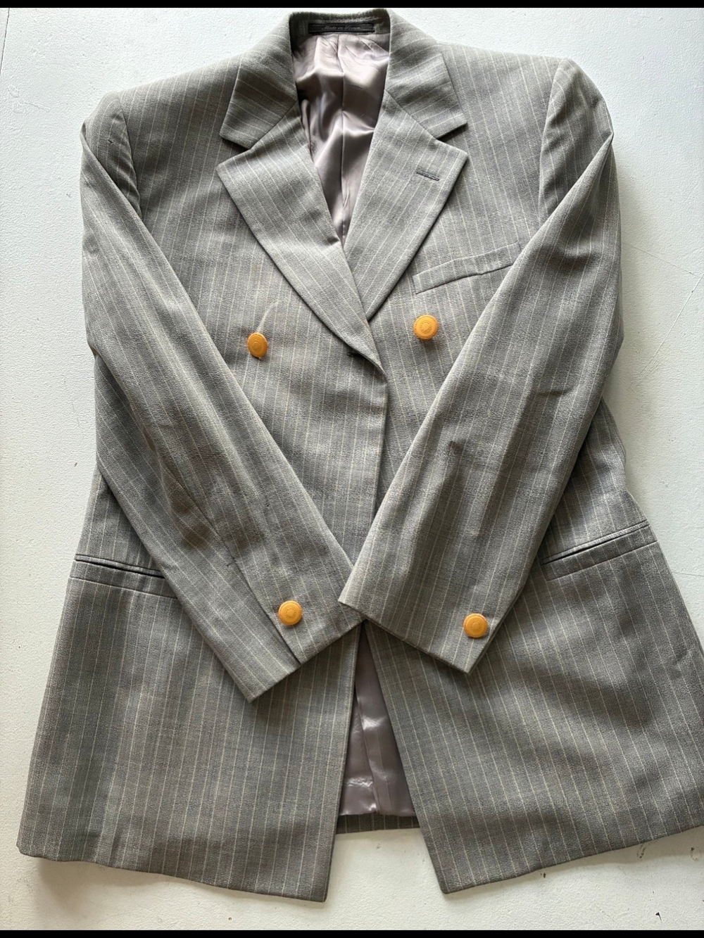 Versace Classic V2 Gray Pinstripe Double-Breasted Blazer w/ Rare Orange Buttons